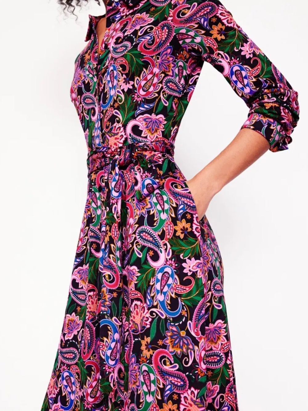 BODEN Marcia Midi Shirt Dress Size 8 Pink Black Paisley Tie Waist - Picture 4 of 15